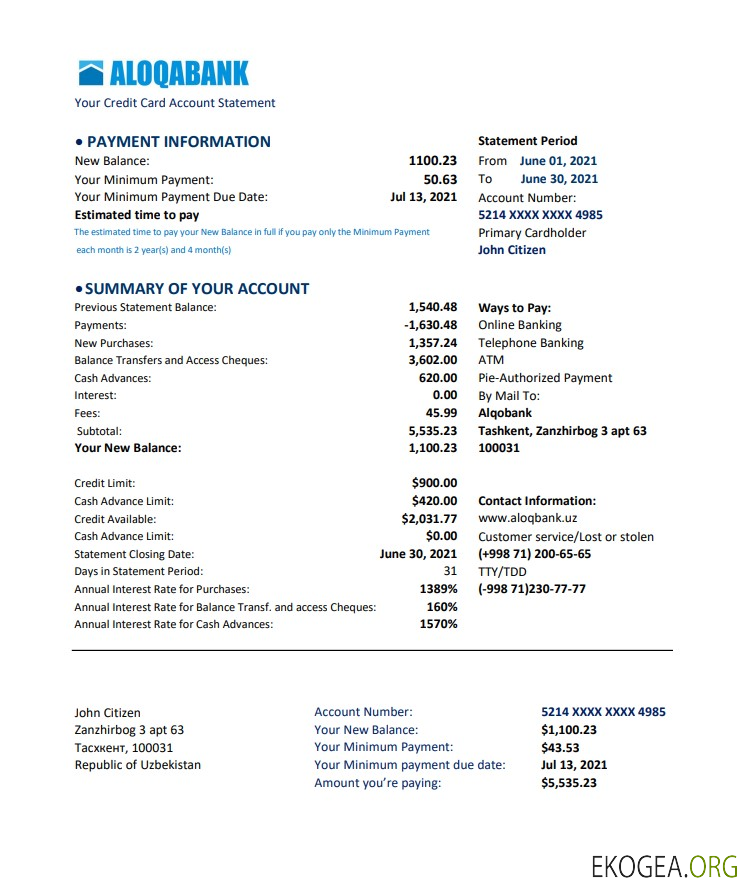 Ouzbékistan Aloqabank excel pdf